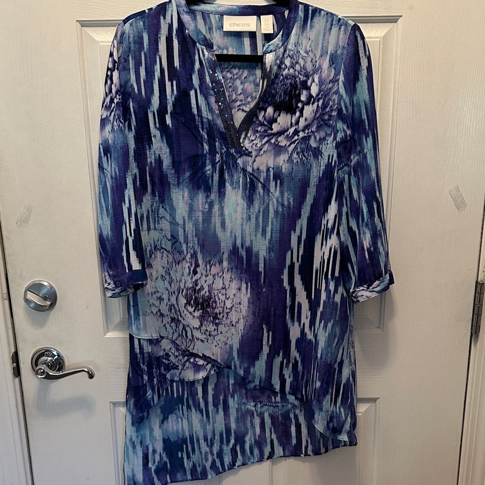 Chico's Blue Navy & Purple Abstract Floral Long Line Asymmetrical Hem Tunic